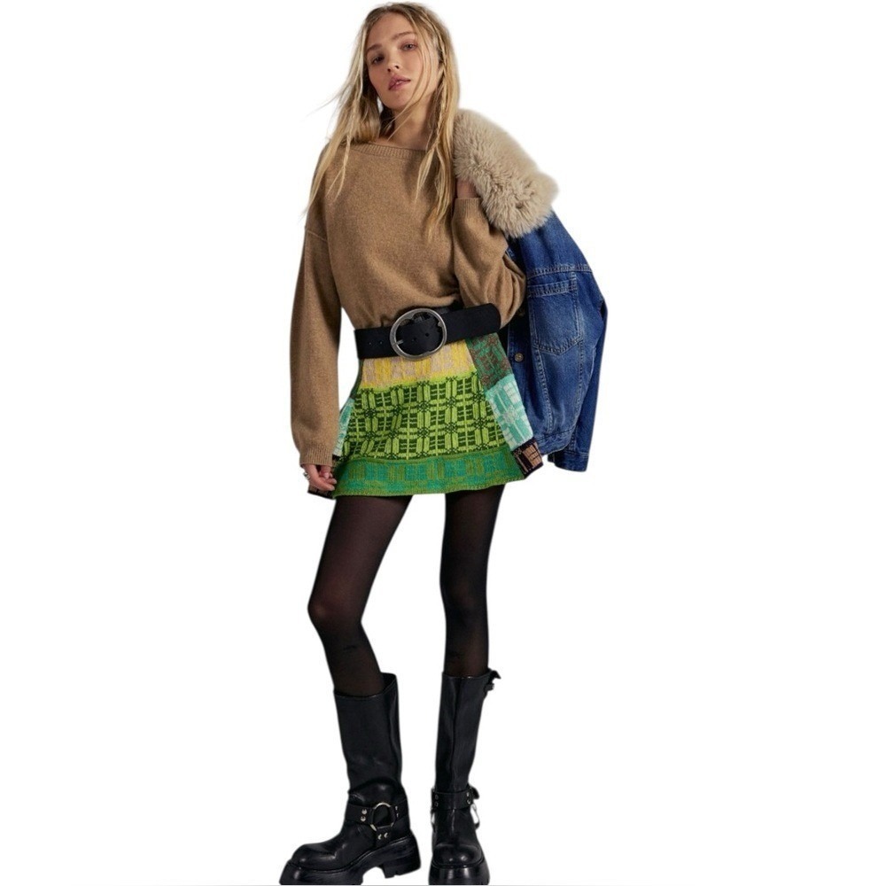 NWT Free People After School Thick Knit Patchwork Mini Skirt Green Combo Small‎